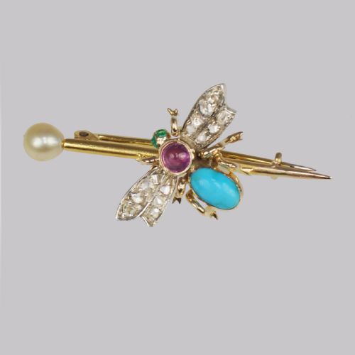 ANTIQUE TURQUOISE ROSE CUT DIAMOND RUBY EMERALD PEARL 18CT GOLD VICTORIAN INSECT BROOCH - ADDITIONAL PHOTO 2