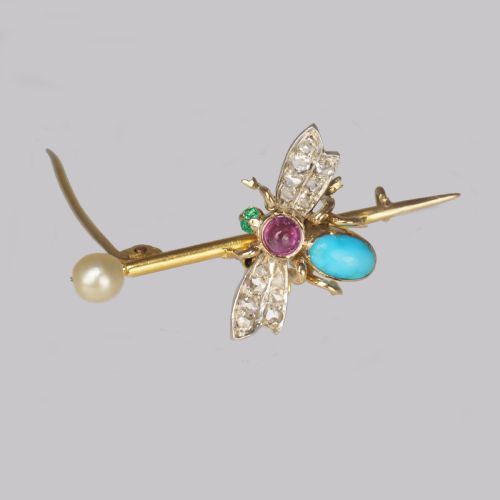 ANTIQUE TURQUOISE ROSE CUT DIAMOND RUBY EMERALD PEARL 18CT GOLD VICTORIAN INSECT BROOCH - ADDITIONAL PHOTO 4