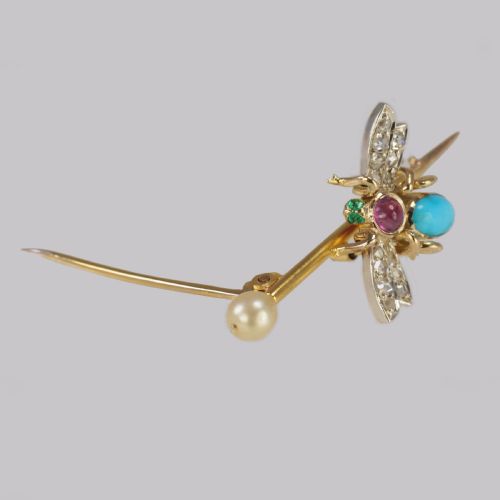 ANTIQUE TURQUOISE ROSE CUT DIAMOND RUBY EMERALD PEARL 18CT GOLD VICTORIAN INSECT BROOCH - ADDITIONAL PHOTO 5