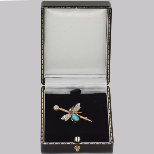 ANTIQUE TURQUOISE ROSE CUT DIAMOND RUBY EMERALD PEARL 18CT GOLD VICTORIAN INSECT BROOCH - ADDITIONAL PHOTO 7