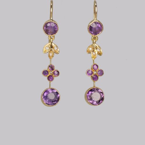 victorian amethyst seed pearl drop earrings 18ct gold antique floral dangle earrings - CATEGORY: ANTIQUE JEWELLERY - DATED VICTORIAN