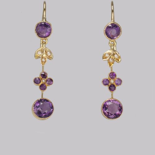 VICTORIAN AMETHYST SEED PEARL DROP EARRINGS 18CT GOLD ANTIQUE FLORAL DANGLE EARRINGS - ADDITIONAL PHOTO 5