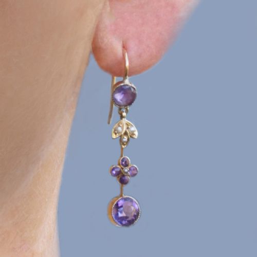 VICTORIAN AMETHYST SEED PEARL DROP EARRINGS 18CT GOLD ANTIQUE FLORAL DANGLE EARRINGS - ADDITIONAL PHOTO 7