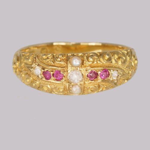 victorian ruby diamond pearl ring antique 18ct gold ring hallmarked london 1882 - CATEGORY: ANTIQUE JEWELLERY - DATED VICTORIAN