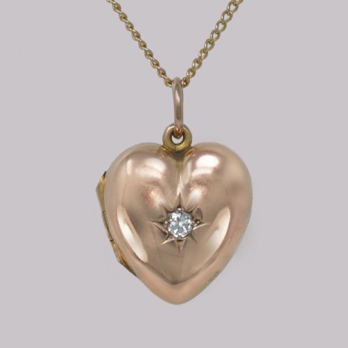 Victorian Diamond Heart Locket 9ct Gold Hinged Puff Heart Pendant & Chain Circa 1890