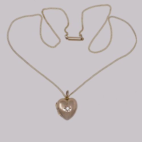 fig 1. Victorian Diamond Heart Locket 9ct Gold Hinged Puff Heart Pendant & Chain circa 1890