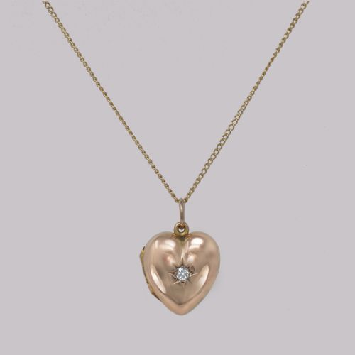 fig 3. Victorian Diamond Heart Locket 9ct Gold Hinged Puff Heart Pendant & Chain circa 1890