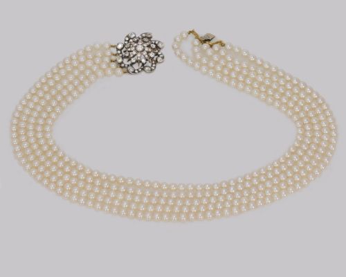 VINTAGE PEARL NECKLACE WITH 40CT OLD CUT DIAMOND EDWARDIAN CLASP FIVE STRAND 16 LONG - ADDITIONAL PHOTO 3