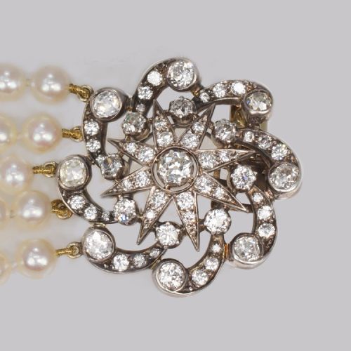 VINTAGE PEARL NECKLACE WITH 40CT OLD CUT DIAMOND EDWARDIAN CLASP FIVE STRAND 16 LONG - ADDITIONAL PHOTO 10
