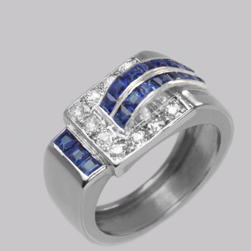 diamond sapphire art deco ring 18ct gold 1930's vintage large retro dress ring - CATEGORY: ANTIQUE JEWELLERY - DATED 1930