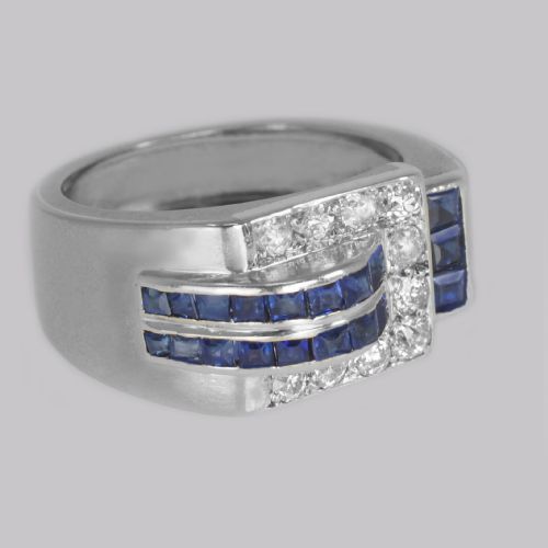 DIAMOND SAPPHIRE ART DECO RING 18CT GOLD 1930'S VINTAGE LARGE RETRO DRESS RING - ADDITIONAL PHOTO 2