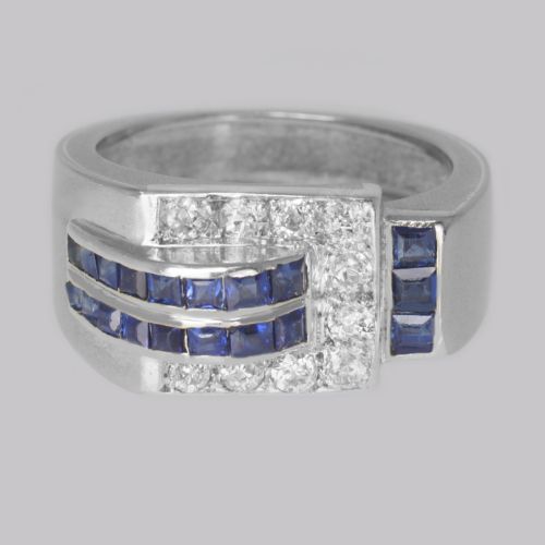 DIAMOND SAPPHIRE ART DECO RING 18CT GOLD 1930'S VINTAGE LARGE RETRO DRESS RING - ADDITIONAL PHOTO 3