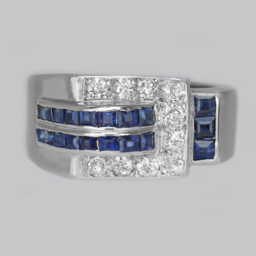 DIAMOND SAPPHIRE ART DECO RING 18CT GOLD 1930'S VINTAGE LARGE RETRO DRESS RING - ADDITIONAL PHOTO 4