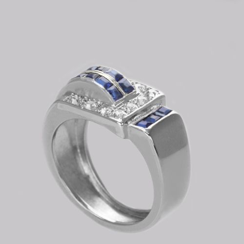 DIAMOND SAPPHIRE ART DECO RING 18CT GOLD 1930'S VINTAGE LARGE RETRO DRESS RING - ADDITIONAL PHOTO 5