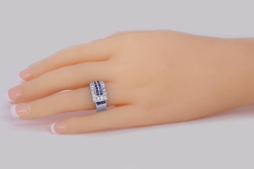 DIAMOND SAPPHIRE ART DECO RING 18CT GOLD 1930'S VINTAGE LARGE RETRO DRESS RING - ADDITIONAL PHOTO 9