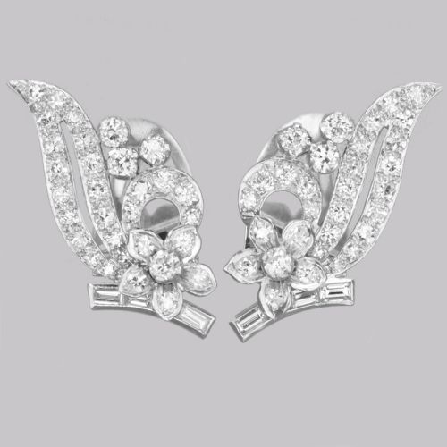art deco platinum diamond earrings 1930s floral scroll clip on antique earrings - CATEGORY: ANTIQUE JEWELLERY - DATED 1930