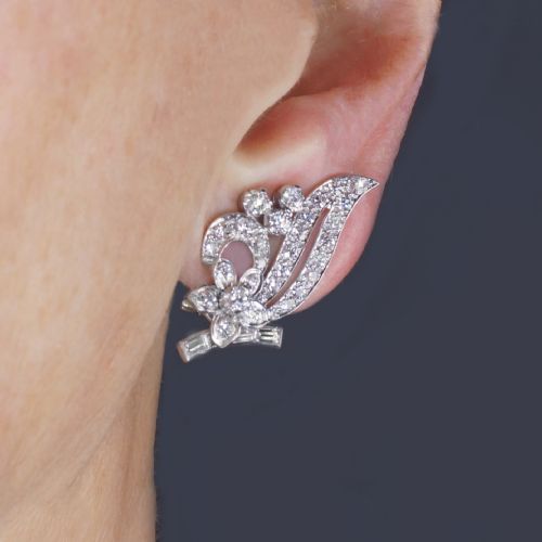 ART DECO PLATINUM DIAMOND EARRINGS 1930S FLORAL SCROLL CLIP ON ANTIQUE EARRINGS - ADDITIONAL PHOTO 1