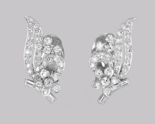 ART DECO PLATINUM DIAMOND EARRINGS 1930S FLORAL SCROLL CLIP ON ANTIQUE EARRINGS - ADDITIONAL PHOTO 2