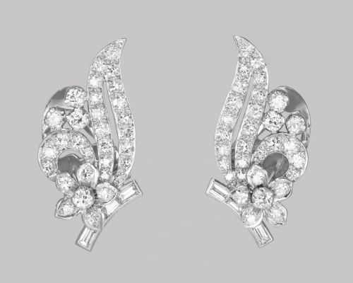 ART DECO PLATINUM DIAMOND EARRINGS 1930S FLORAL SCROLL CLIP ON ANTIQUE EARRINGS - ADDITIONAL PHOTO 3