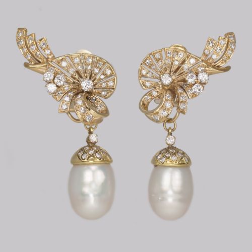 vintage diamond pearl drop earrings 1950s 18ct gold 35 carat diamond earrings - CATEGORY: ANTIQUE JEWELLERY - DATED 1950