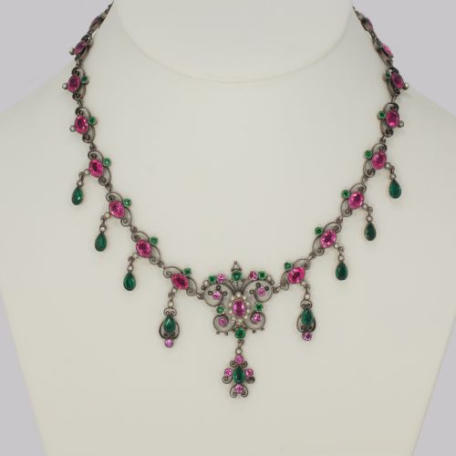 victorian pearl pink green paste necklace antique austro hungarian swag scroll necklace - CATEGORY: ANTIQUE JEWELLERY - DATED VICTORIAN