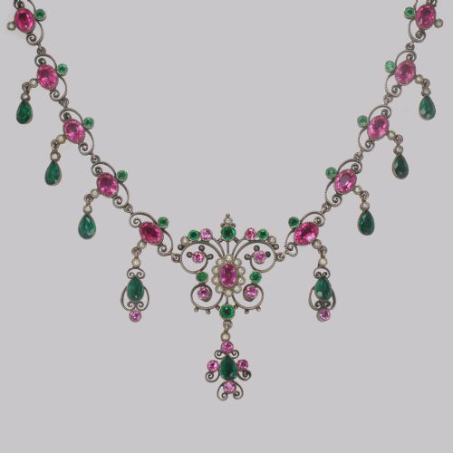 VICTORIAN PEARL PINK GREEN PASTE NECKLACE ANTIQUE AUSTRO HUNGARIAN SWAG SCROLL NECKLACE - ADDITIONAL PHOTO 1