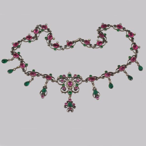 VICTORIAN PEARL PINK GREEN PASTE NECKLACE ANTIQUE AUSTRO HUNGARIAN SWAG SCROLL NECKLACE - ADDITIONAL PHOTO 3
