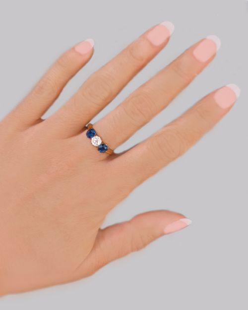 ANTIQUE SAPPHIRE DIAMOND TRILOGY RING VICTORIAN 18CT GOLD OLD CUT DIAMOND RING - ADDITIONAL PHOTO 1