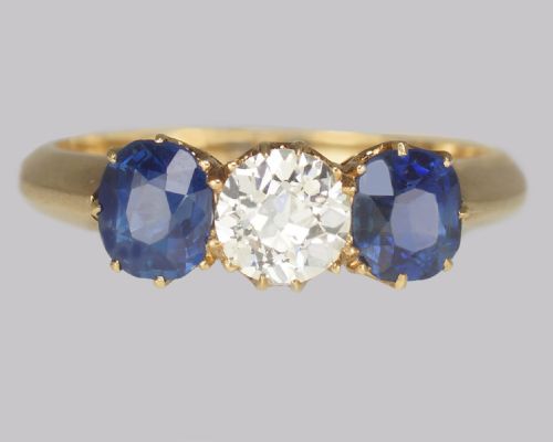 ANTIQUE SAPPHIRE DIAMOND TRILOGY RING VICTORIAN 18CT GOLD OLD CUT DIAMOND RING - ADDITIONAL PHOTO 2