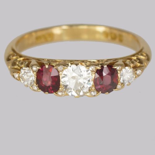 victorian diamond ruby ring 18ct gold five stone antique ring hallmarked 1897 - CATEGORY: ANTIQUE JEWELLERY - DATED VICTORIAN