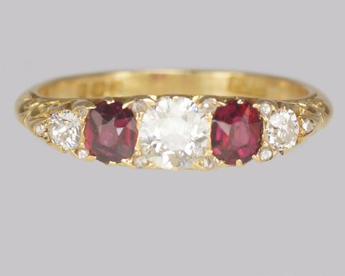 VICTORIAN DIAMOND RUBY RING 18CT GOLD FIVE STONE ANTIQUE RING HALLMARKED 1897 - ADDITIONAL PHOTO 6