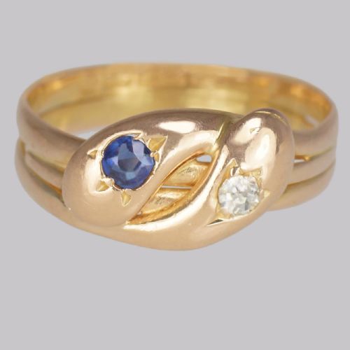 victorian snake ring old mine cut diamond sapphire 15ct gold serpent ring birmingham 1894 - CATEGORY: ANTIQUE JEWELLERY - DATED VICTORIAN