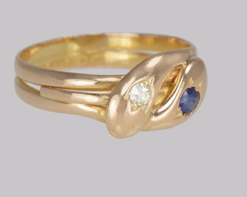 VICTORIAN SNAKE RING OLD MINE CUT DIAMOND SAPPHIRE 15CT GOLD SERPENT RING BIRMINGHAM 1894 - ADDITIONAL PHOTO 2