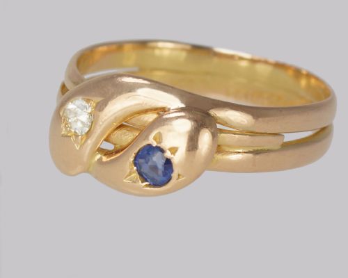 VICTORIAN SNAKE RING OLD MINE CUT DIAMOND SAPPHIRE 15CT GOLD SERPENT RING BIRMINGHAM 1894 - ADDITIONAL PHOTO 3