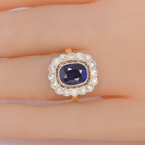ANTIQUE SAPPHIRE DIAMOND CLUSTER RING 1930S 18CT GOLD ROSE CUT DIAMOND RING - ADDITIONAL PHOTO 1