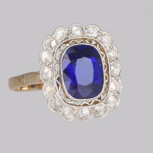 ANTIQUE SAPPHIRE DIAMOND CLUSTER RING 1930S 18CT GOLD ROSE CUT DIAMOND RING - ADDITIONAL PHOTO 4