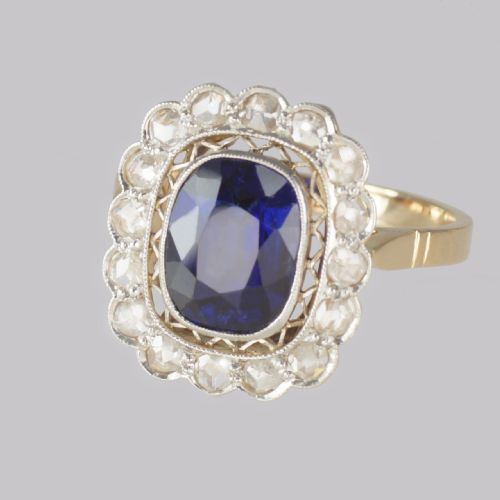 ANTIQUE SAPPHIRE DIAMOND CLUSTER RING 1930S 18CT GOLD ROSE CUT DIAMOND RING - ADDITIONAL PHOTO 5