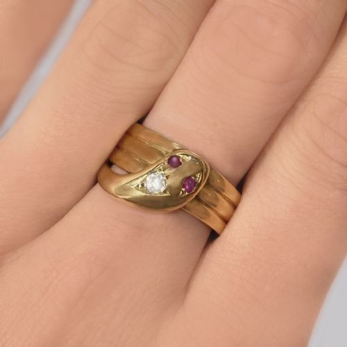 ANTIQUE DIAMOND SNAKE RING 18CT GOLD COILED SERPENT WITH RUBY EYES HALLMARKED CHESTER 1918 - ADDITIONAL PHOTO 1
