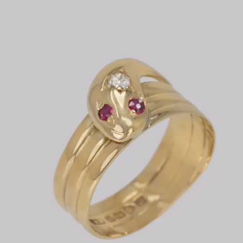ANTIQUE DIAMOND SNAKE RING 18CT GOLD COILED SERPENT WITH RUBY EYES HALLMARKED CHESTER 1918 - ADDITIONAL PHOTO 4