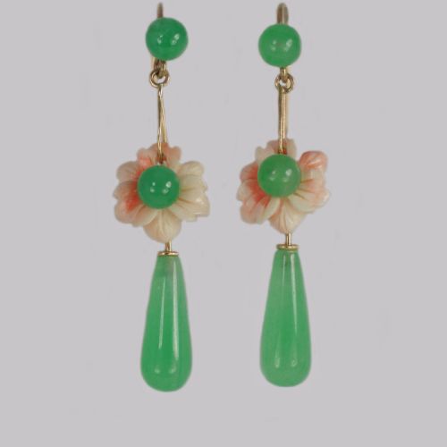 antique jade coral drop earrings 18ct gold dangle floral edwardian earrings - CATEGORY: ANTIQUE JEWELLERY - DATED EDWARDIAN