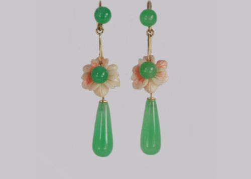 ANTIQUE JADE CORAL DROP EARRINGS 18CT GOLD DANGLE FLORAL EDWARDIAN EARRINGS - ADDITIONAL PHOTO 5