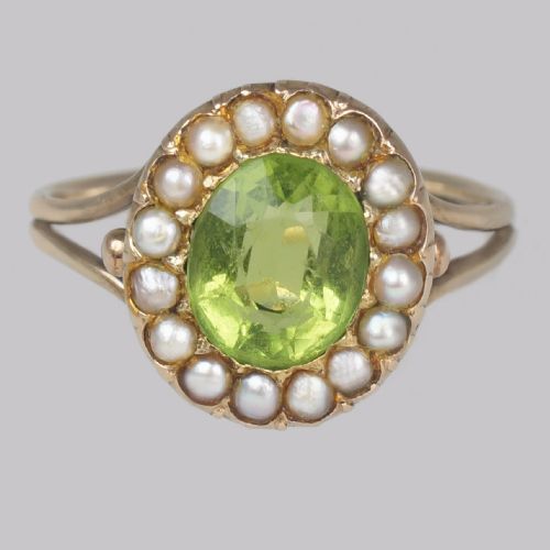 victorian peridot natural pearl cluster ring 18ct gold antique ring circa 1860 - CATEGORY: ANTIQUE JEWELLERY - DATED VICTORIAN