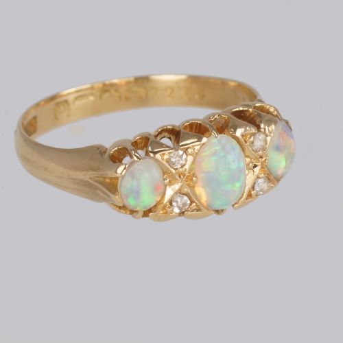 ANTIQUE OPAL OLD CUT DIAMOND 18CT GOLD VINTAGE TRILOGY RING HALLMARKED 1917 - ADDITIONAL PHOTO 3