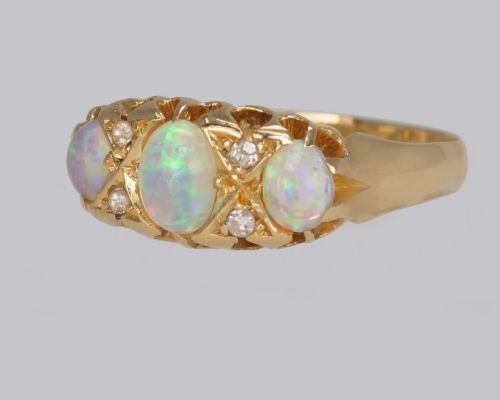 ANTIQUE OPAL OLD CUT DIAMOND 18CT GOLD VINTAGE TRILOGY RING HALLMARKED 1917 - ADDITIONAL PHOTO 4