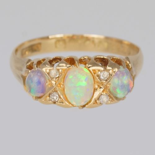ANTIQUE OPAL OLD CUT DIAMOND 18CT GOLD VINTAGE TRILOGY RING HALLMARKED 1917 - ADDITIONAL PHOTO 7