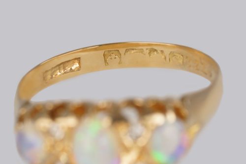 ANTIQUE OPAL OLD CUT DIAMOND 18CT GOLD VINTAGE TRILOGY RING HALLMARKED 1917 - ADDITIONAL PHOTO 9
