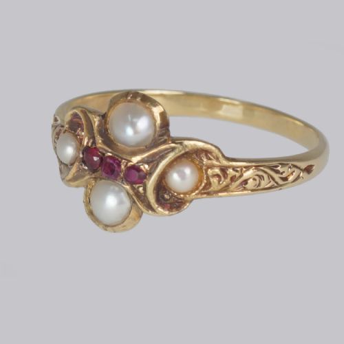 GEORGIAN RUBY SPLIT PEARL RING ANTIQUE 15CT GOLD ORNATE CLUSTER RING CA 1820 - ADDITIONAL PHOTO 2