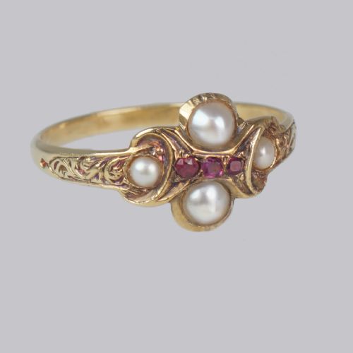GEORGIAN RUBY SPLIT PEARL RING ANTIQUE 15CT GOLD ORNATE CLUSTER RING CA 1820 - ADDITIONAL PHOTO 3