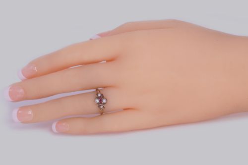 GEORGIAN RUBY SPLIT PEARL RING ANTIQUE 15CT GOLD ORNATE CLUSTER RING CA 1820 - ADDITIONAL PHOTO 5