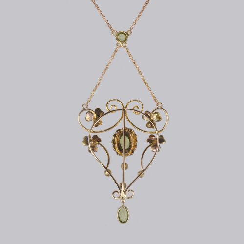 EDWARDIAN PERIDOT SEED PEARL NECKLACE ANTIQUE 9CT GOLD FLORAL SCROLL NECKLACE - ADDITIONAL PHOTO 6